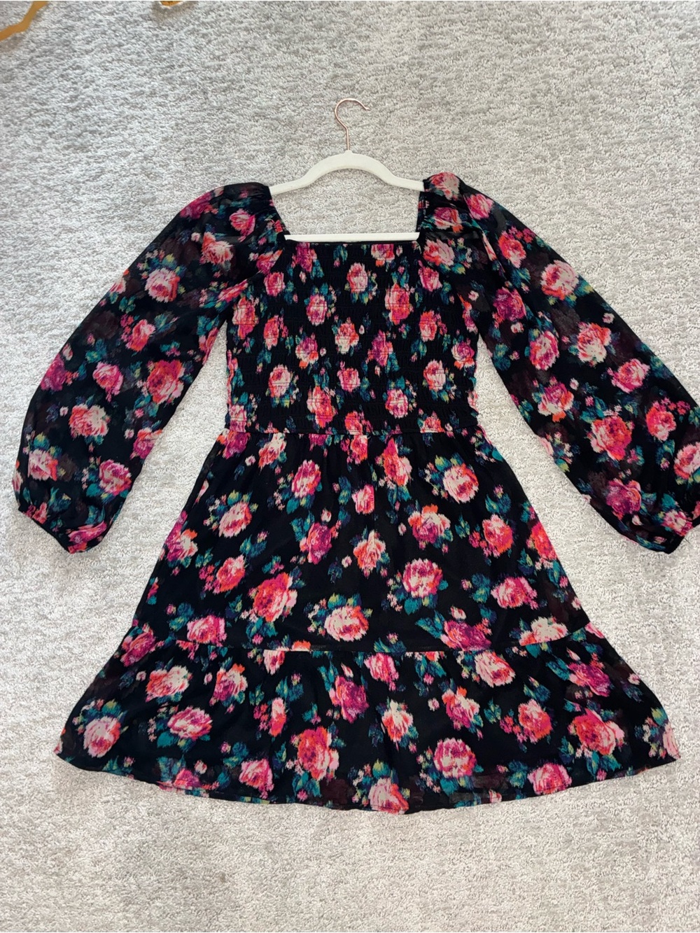 art class Black Floral Long-Sleeve Smocked Dress with Pink Roses